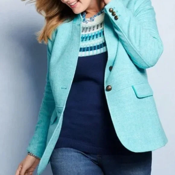 Turquoise Bicolor Herringbone Classic Shetland Blazer Size 6 New - Picture 1 of 7